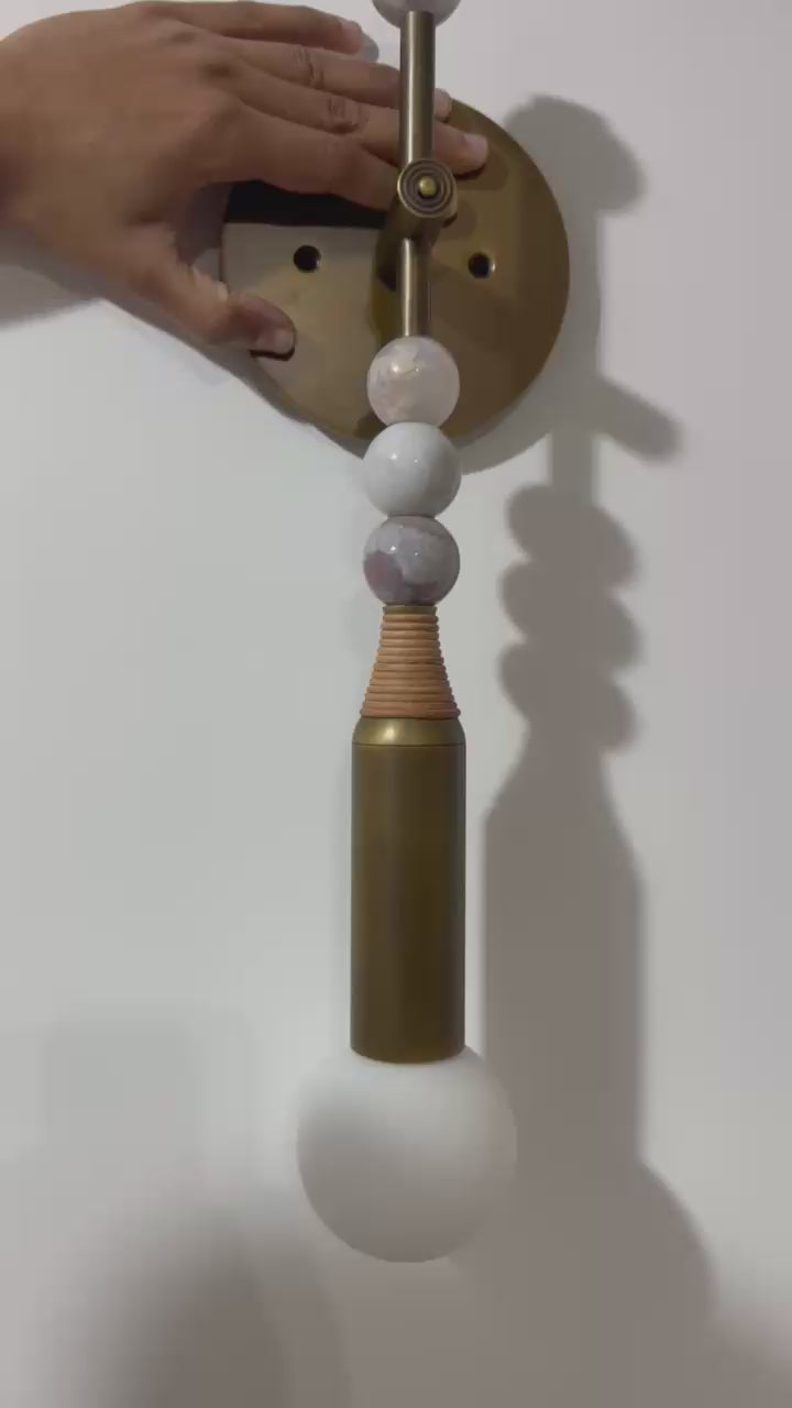 Aged Brass Wall Sconce with Marble Stones & Frosted Glass Globe | Handmade Modern Wall Light - Les Trois Pyramides