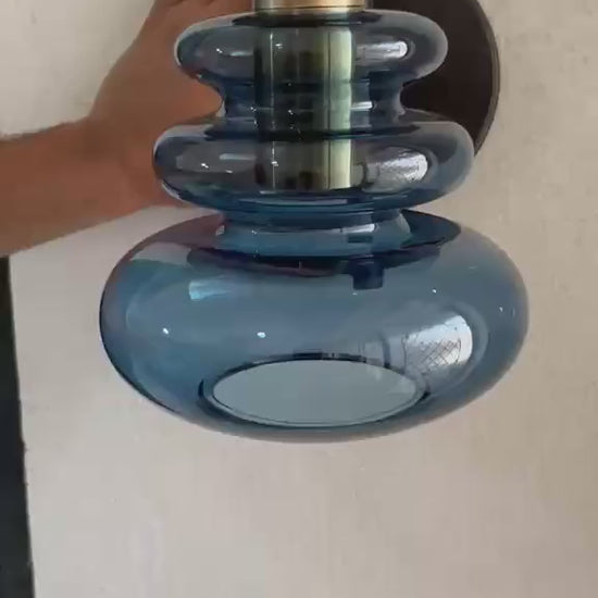 Blue Glass Wall Sconce, Modern Brass Wall Light, Mid Century Stacked Glass Lamp, Bedroom Bathroom Vanity Lighting Fixture | Les Trois Pyramides