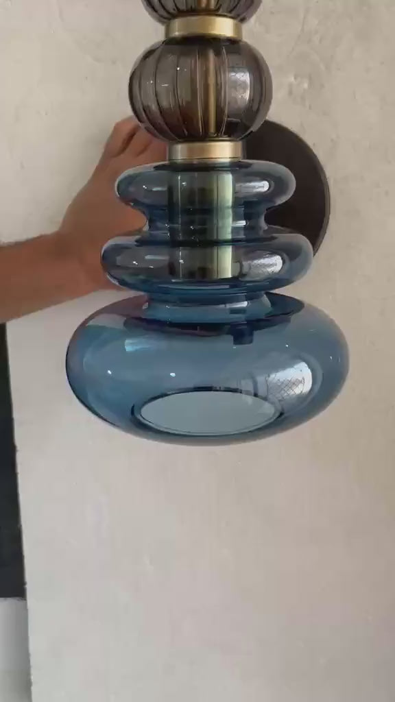 Blue Glass Wall Sconce, Modern Brass Wall Light, Mid Century Stacked Glass Lamp, Bedroom Bathroom Vanity Lighting Fixture | Les Trois Pyramides