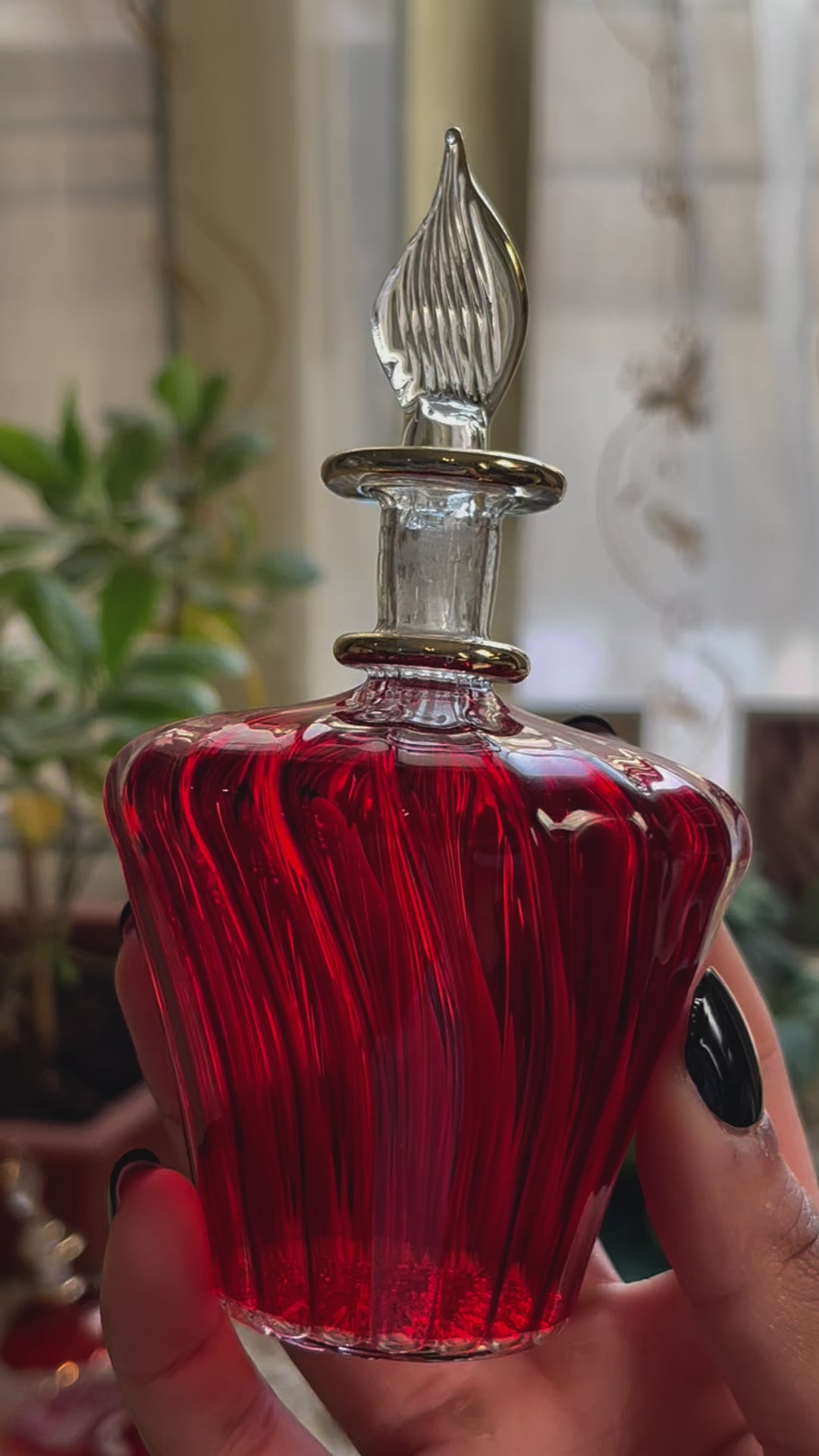 Red Ribbed Blown Glass perfume Bottle with stopper and  14K Gold | Les Trois Pyramides