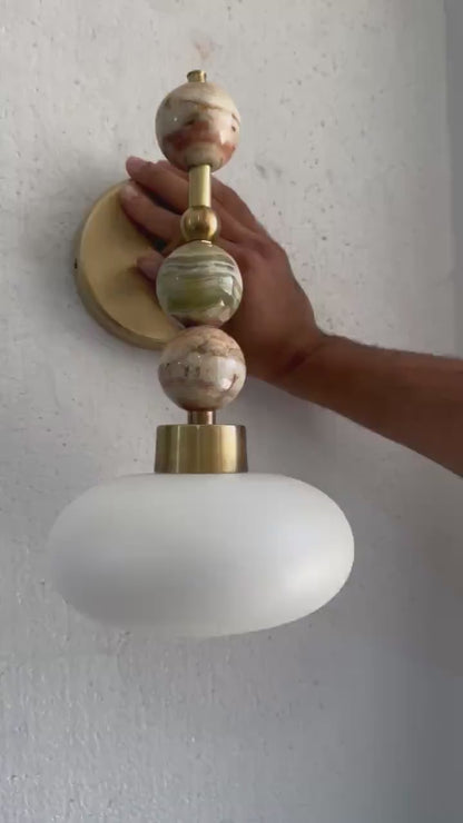 Frosted Glass wall light with Natural onyx stones - Brass Finish Light Fixture - Artisan Wall Lighting - wall sconce | les Trois Pyramides 