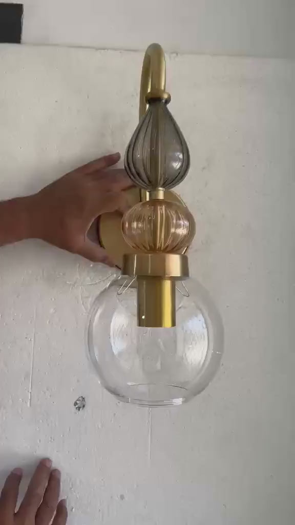 Brass Wall Sconce – Blown Glass Bathroom Vanity Light, Art Deco Bedside Wall Lamp, Indoor Wall Lighting | Les Trois Pyramides
