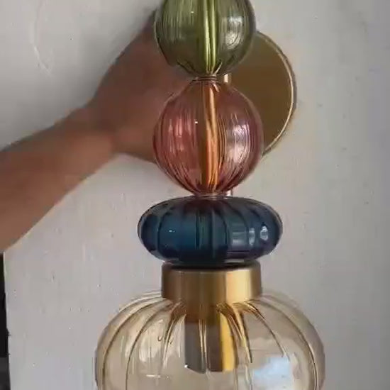 Glass Wall Sconce Light, Handmade Brass Wall Lamp, Modern Bathroom Vanity Lighting, Colored Glass Wall Fixture, Bedside Light | Les Trois Pyramides 