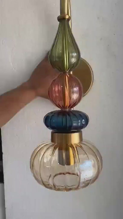 Glass Wall Sconce Light, Handmade Brass Wall Lamp, Modern Bathroom Vanity Lighting, Colored Glass Wall Fixture, Bedside Light | Les Trois Pyramides 