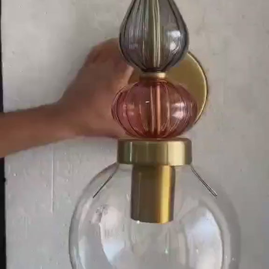 Pink Glass Wall Sconce, Brass Wall Light, Modern Murano Style Lamp, Hand Blown Glass Lighting, Bedroom Bedside Wall Light Fixture | Les Trois Pyramides