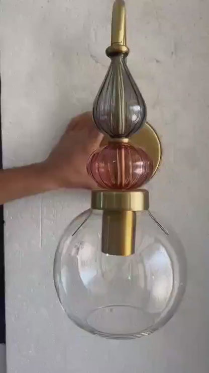 Pink Glass Wall Sconce, Brass Wall Light, Modern Murano Style Lamp, Hand Blown Glass Lighting, Bedroom Bedside Wall Light Fixture | Les Trois Pyramides