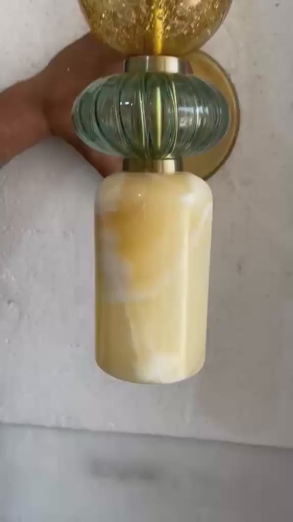 Handmade Marble & Blown Glass Wall Sconce - Murano Style Wall Light - Brass Vanity Light - Art Deco Sconce - Bathroom Light - Bedside Lamp | Les Trois Pyramides