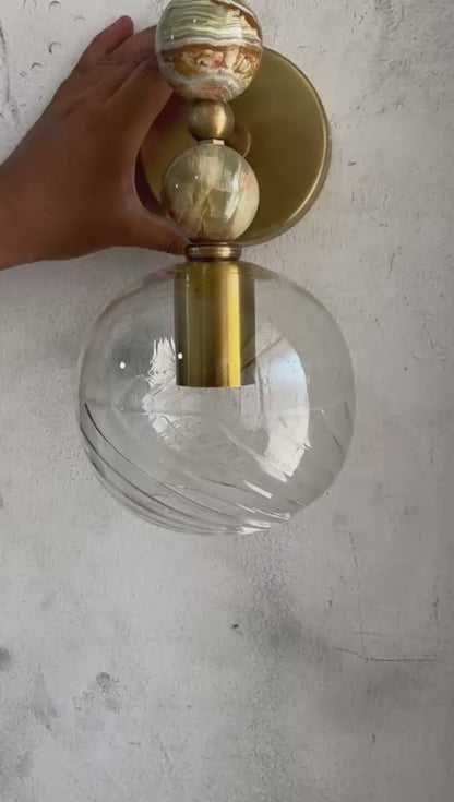 Onyx & Brass Wall Sconce Set of 2 | Blown Glass Wall Light Fixture