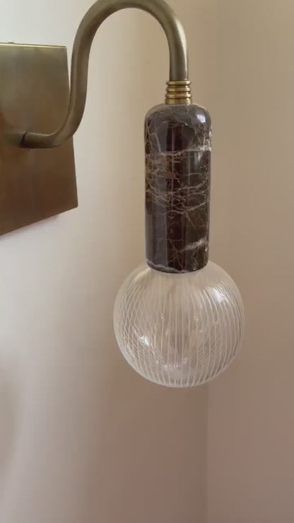Brass Wall Sconce with Blown Glass & Emperador Marble – Handmade Wall Light