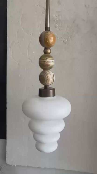 Blown Glass Pendant Light – Modern onyx stones and Brass Hanging Lamp