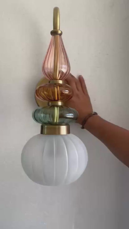 Murano Style Ribbed Glass Wall Sconce with Brass – Modern Wall Light