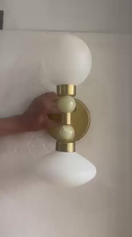Milk Glass & Onyx Wall Sconce Brass Modern Bedside Light Double Globe Wall Lamp Mid Century Bathroom Vanity Light | Les Trois Pyramides