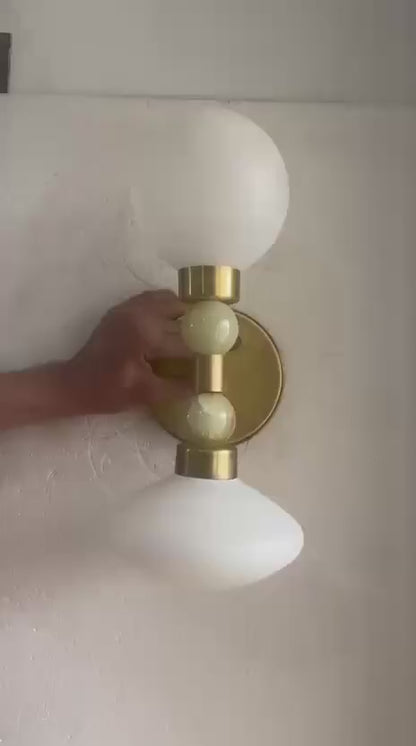Milk Glass & Onyx Wall Sconce Brass Modern Bedside Light Double Globe Wall Lamp Mid Century Bathroom Vanity Light | Les Trois Pyramides