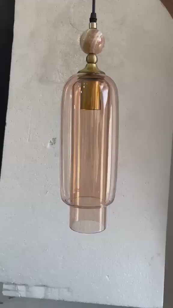 Handmade Glass Pendant Light with Marble & Brass Detail – Minimal Hanging Light | Les Trois Pyramides