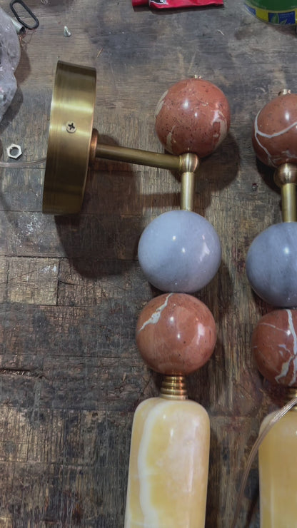 Set of Two Handmade Brass finish sconce lighting with Marble Gemstones