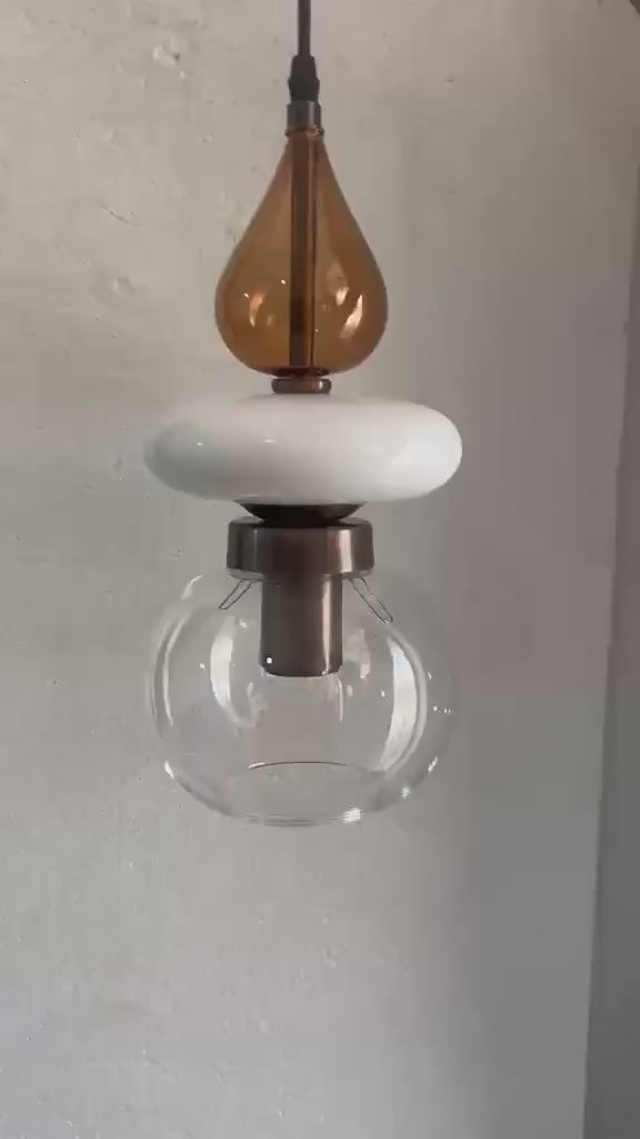 Modern Glass Pendant Light, Amber & Clear Hanging Lamp, Kitchen Island Lighting, Minimal Ceiling Light, Handmade Glass Pendant | Les Trois Pyramides