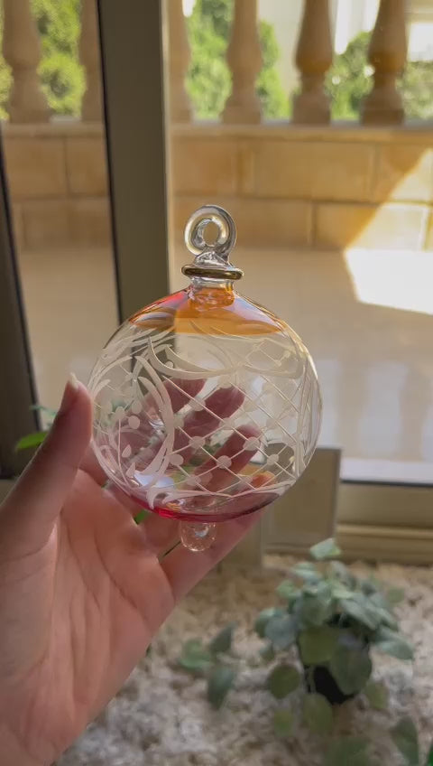 Engraved Orange and Clear Glass Christmas Ornament - Les Trois Pyramide