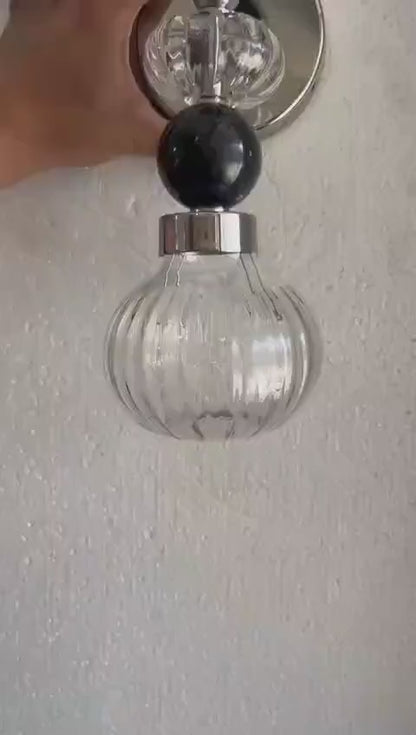 Black Glass marble Wall Sconce, Modern marble Wall Light, Handmade Glass Bedside Lamp, Bathroom Vanity Light, Ribbed Glass Lighting Fixture | Les Trois Pyramides