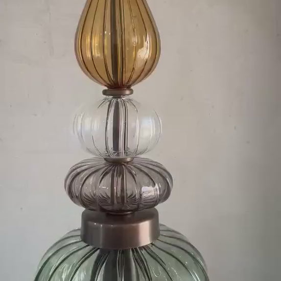 Glass Pendant Light Fixture, Amber Green Hanging Lamp, Kitchen Island Lighting, Modern Ceiling Light, Handmade Blown Glass Pendant | Les Trois Pyramides 