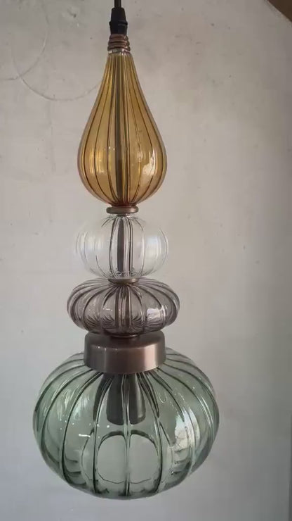 Glass Pendant Light Fixture, Amber Green Hanging Lamp, Kitchen Island Lighting, Modern Ceiling Light, Handmade Blown Glass Pendant | Les Trois Pyramides 