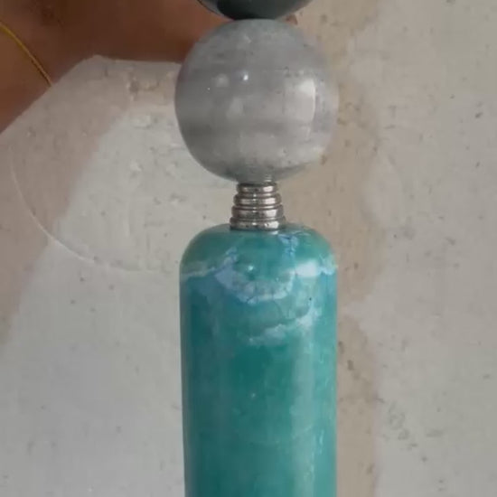 Set of Two Handmade Brass finish sconce lighting with Turquoise and Grey Marble Gemstones | Custom made | Les Trois Pyramides
