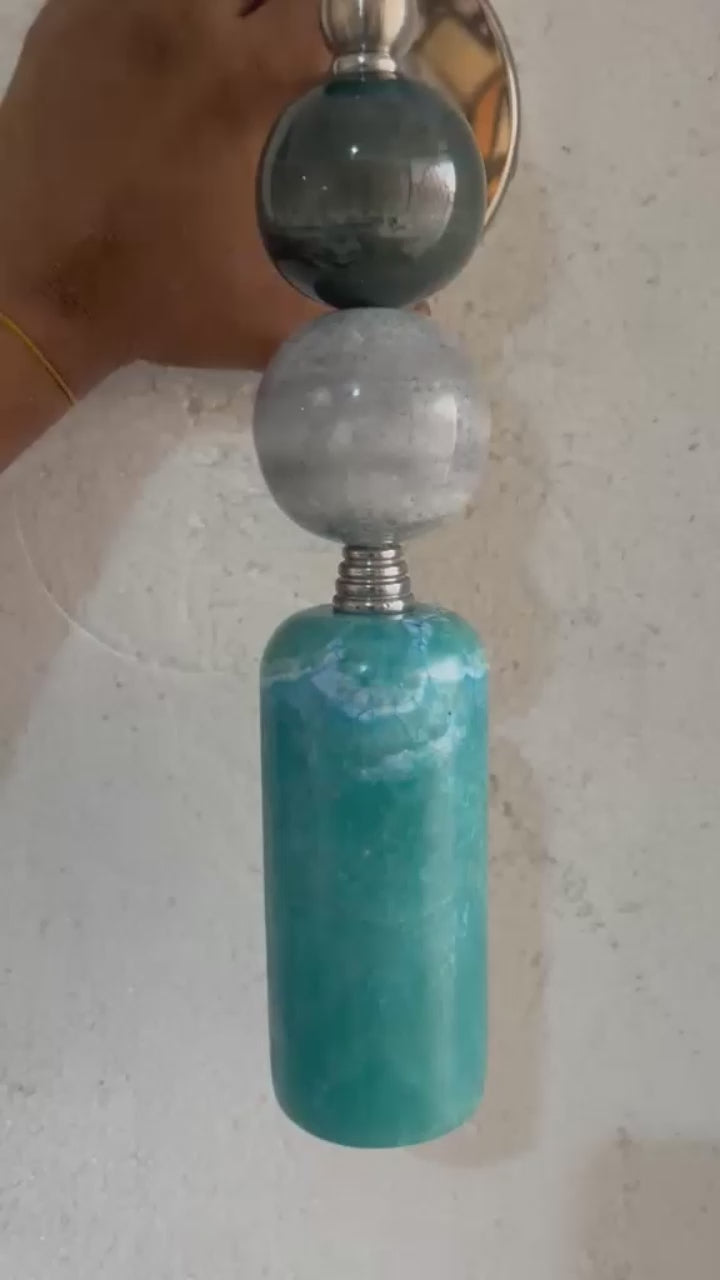 Set of Two Handmade Brass finish sconce lighting with Turquoise and Grey Marble Gemstones | Custom made | Les Trois Pyramides