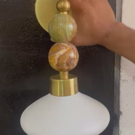 Frosted Blown Glass & Natural onyx stones sconces | Les Trois Pyramides