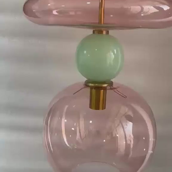 Pink Modern Glass Pendant Light | Hanging Ceiling Lamp for Kitchen Island & Living Room | Designer Glass Light Fixture | Les Trois Pyramides