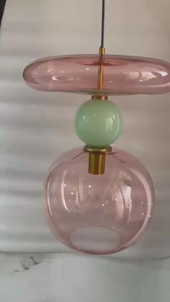 Pink Modern Glass Pendant Light | Hanging Ceiling Lamp for Kitchen Island & Living Room | Designer Glass Light Fixture | Les Trois Pyramides