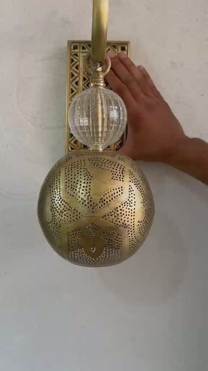 Moroccan Brass Wall Light – Handmade Perforated Metal Wall Sconce with Blown Glass Accent