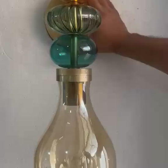 Hand Blown Glass Wall Sconce Light – Brass Wall Lamp with Colorful Glass – Handmade Bathroom Vanity Light – Modern Artistic Wall Lighting | Les Trois Pyramides