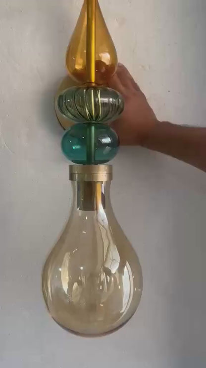 Hand Blown Glass Wall Sconce Light – Brass Wall Lamp with Colorful Glass – Handmade Bathroom Vanity Light – Modern Artistic Wall Lighting | Les Trois Pyramides