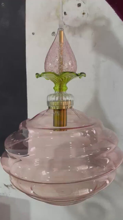 Handblown Pink Glass Pendant Light - Floral-Inspired Hanging Lamp for Kitchen, Bedroom, or Living Room Home Decor
