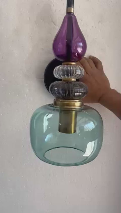 Purple & Green Glass Wall Sconce, Mid Century Modern Brass Wall Light, Stacked Glass Bathroom Vanity Lamp, Bedroom Lighting | Les Trois Pyramides
