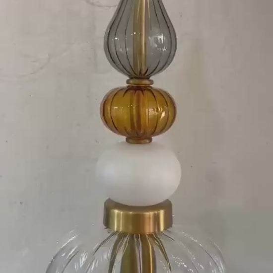 Glass Pendant Light, Modern Kitchen Island Lighting, Neutral Hanging Lamp, Clear Glass Ceiling Light, Handmade Brass Fixture | Les Trois Pyramides