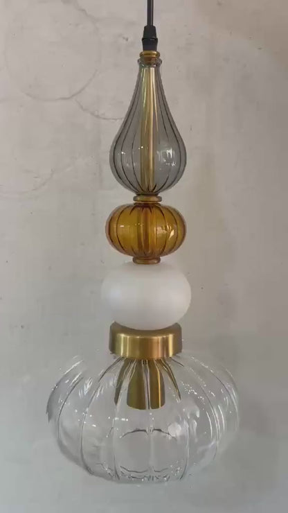 Glass Pendant Light, Modern Kitchen Island Lighting, Neutral Hanging Lamp, Clear Glass Ceiling Light, Handmade Brass Fixture | Les Trois Pyramides