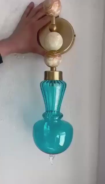 Turquoise Blown Glass Wall Sconce with Brass & Onyx – Bedside & Bathroom Light