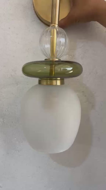Modern Glass Wall Sconce, Brass Bathroom Vanity Light, Handmade Wall Lamp, Bedside Wall Light, Green Glass Sconce, Hallway Lighting | Les Trois Pyramides