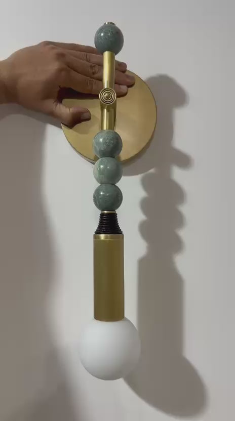Custom Handcrafted Brass Wall Sconce with Green Marble Natural stones and Leather - Les Trois Pyramides