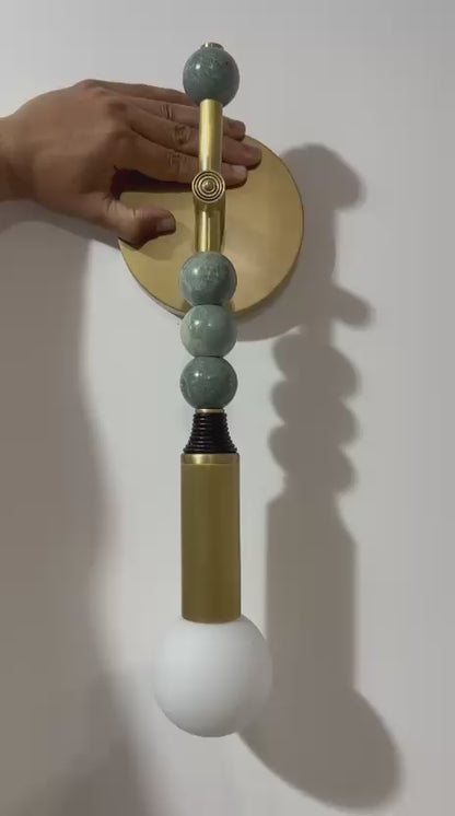 Custom Handcrafted Brass Wall Sconce with Green Marble Natural stones and Leather - Les Trois Pyramides