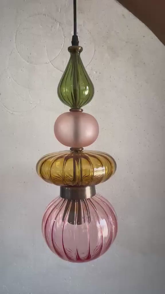 Colorful Glass Pendant Light, Modern Statement Lighting, Pink Green Hanging Lamp, Kitchen Island Light, Unique Ceiling Light | Les Trois Pyramides