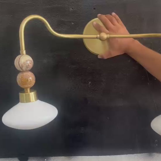 Brass Double Wall Sconce with Frosted Glass & Onyx – Handmade Wall Light | Les Trois Pyramides