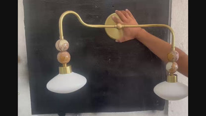 Brass Double Wall Sconce with Frosted Glass & Onyx – Handmade Wall Light | Les Trois Pyramides