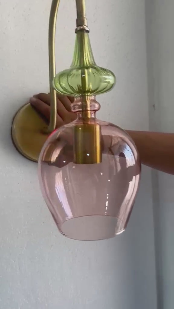Pink Blown Glass Wall Sconce with Brass – Modern Ribbed Bedside Wall Light | Les Trois Pyramides