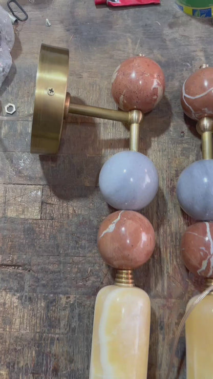 Set of Two Handmade Brass finish sconce lighting with Marble Gemstones