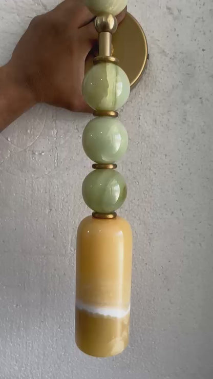 Green Onyx & Marble Wall Sconce in Brass - Luxury Bedside Lighting