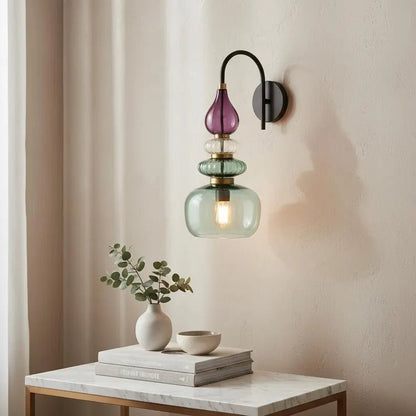 Purple & Green Glass Wall Sconce, Mid Century Modern Brass Wall Light, Stacked Glass Bathroom Vanity Lamp, Bedroom Lighting | Les Trois Pyramides