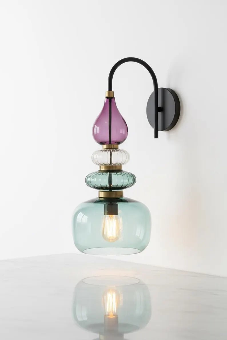 Purple & Green Glass Wall Sconce, Mid Century Modern Brass Wall Light, Stacked Glass Bathroom Vanity Lamp, Bedroom Lighting | Les Trois Pyramides