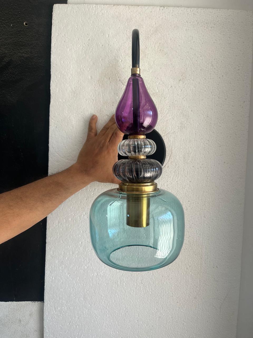 Purple & Green Glass Wall Sconce, Mid Century Modern Brass Wall Light, Stacked Glass Bathroom Vanity Lamp, Bedroom Lighting | Les Trois Pyramides