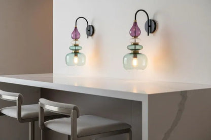Purple & Green Glass Wall Sconce, Mid Century Modern Brass Wall Light, Stacked Glass Bathroom Vanity Lamp, Bedroom Lighting | Les Trois Pyramides